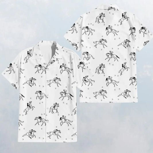 HW028 Horse Racing Black&White Hawaiian Shirt