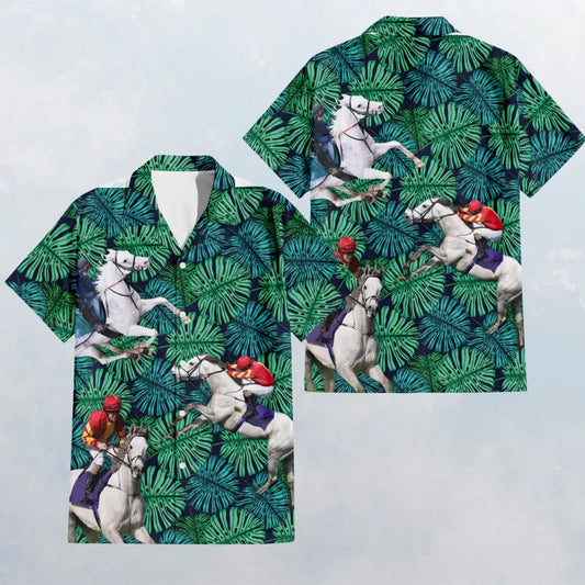 HW030 Horse Racing on Monstera Pattern Hawaiian Shirt