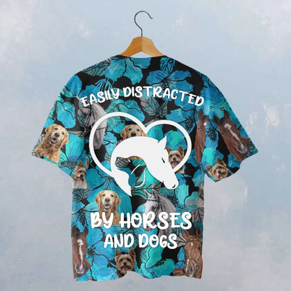 EASILY DISTRACTED BY HORSES AND DOGS FLOWER T-SHIRT - HT030