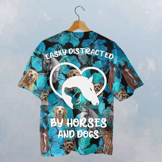 EASILY DISTRACTED BY HORSES AND DOGS FLOWER T-SHIRT - HT030