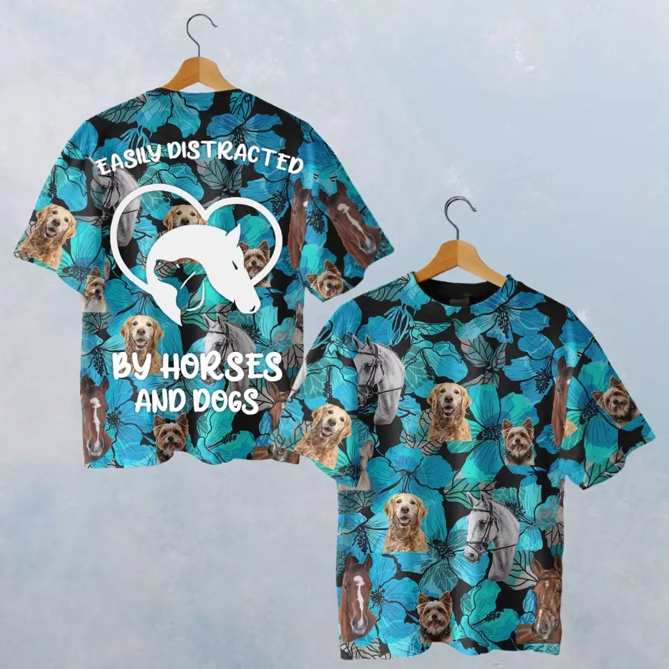 EASILY DISTRACTED BY HORSES AND DOGS FLOWER T-SHIRT - HT030